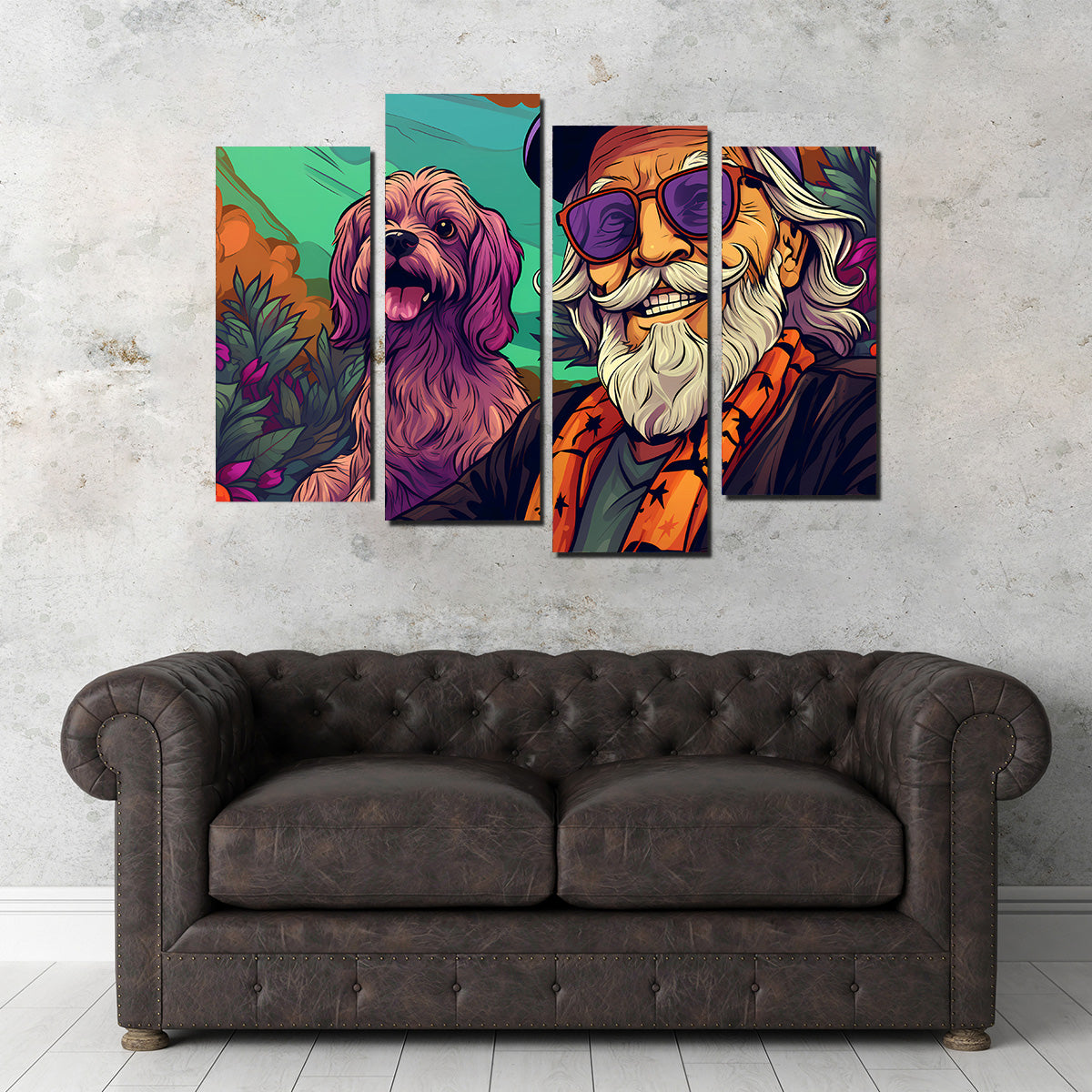 Trendy Hipster Grandpa and Dog Wall Art for Unique Home Decor