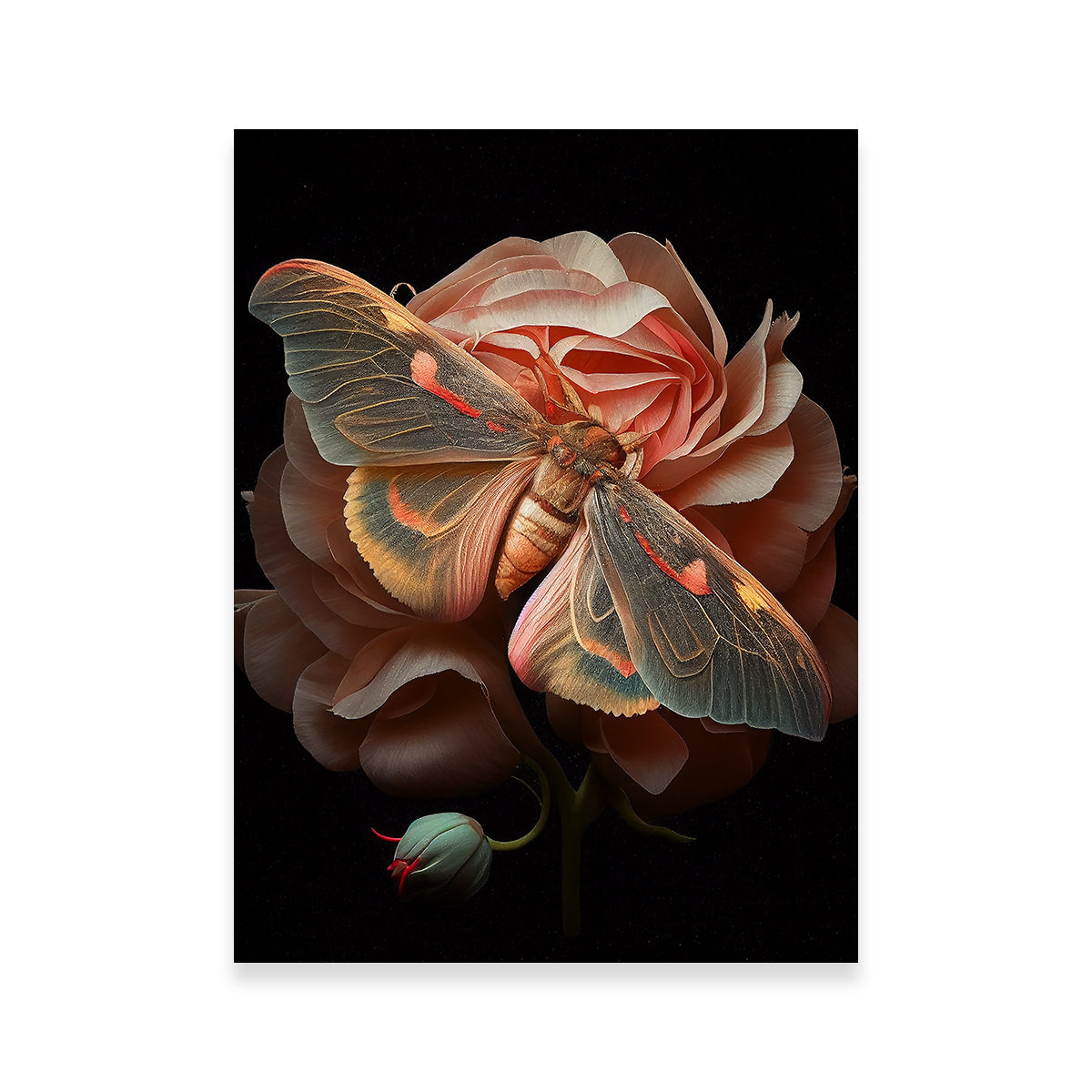 Stunning Pink Moth and Rose Wall Art by Jennifer Hotai