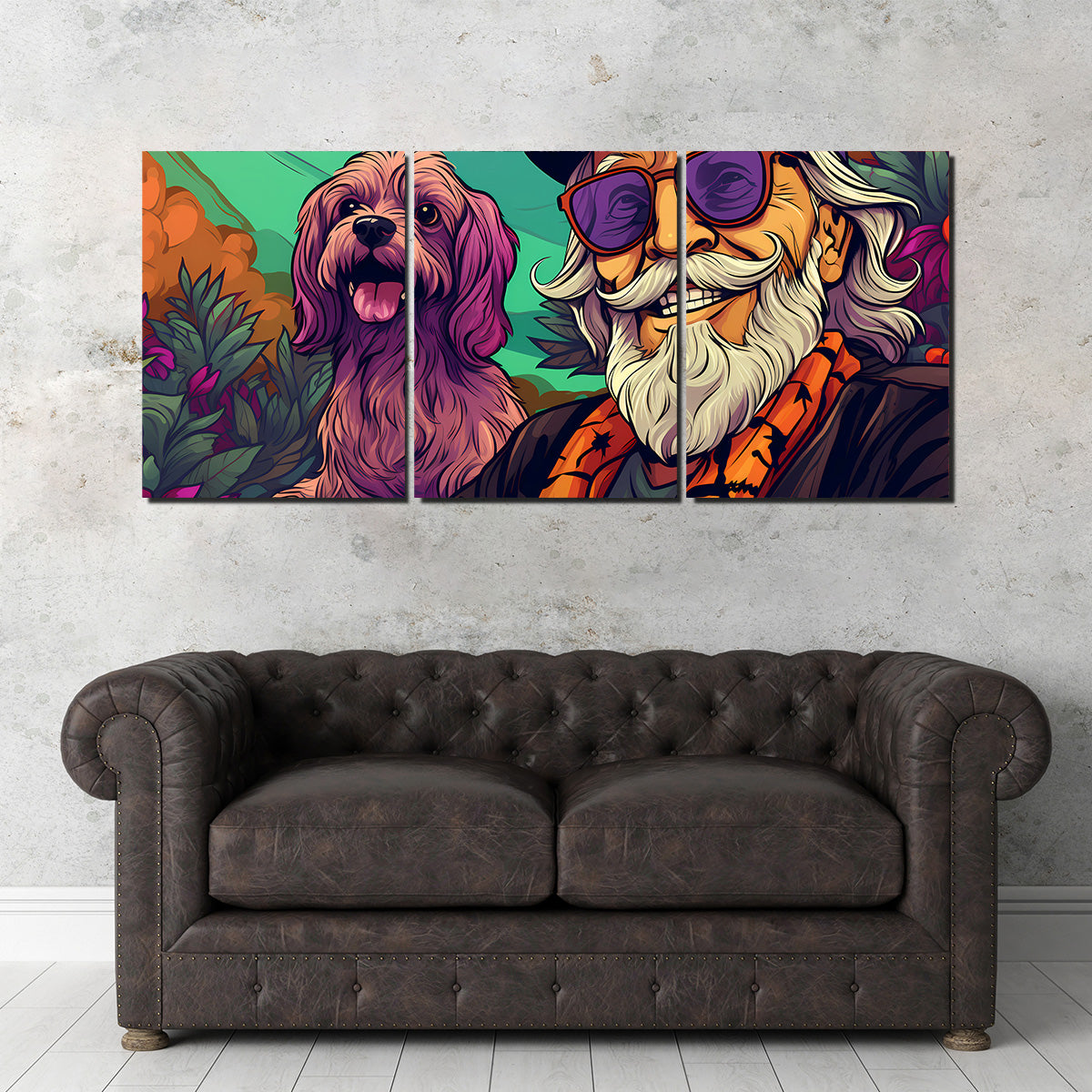 Trendy Hipster Grandpa and Dog Wall Art for Unique Home Decor