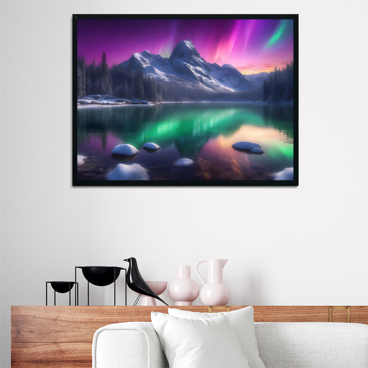 Aurora Mountain - Premium Handmade Canvas Print with Sustainable Pine Frames