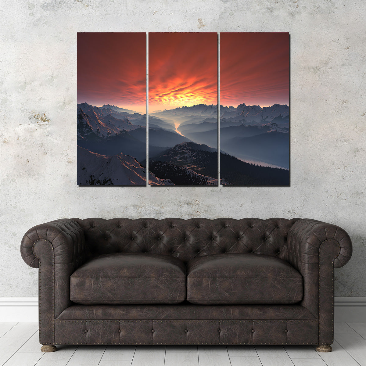 Breathtaking Snow Covered Mountain Valley Sunset Wall Art for Stunning Home Decor