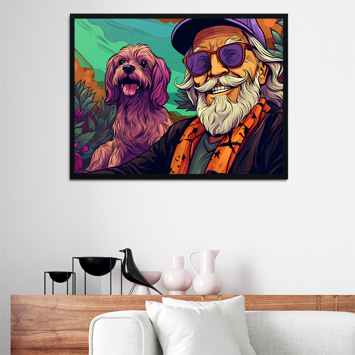 Trendy Hipster Grandpa and Dog Wall Art for Unique Home Decor