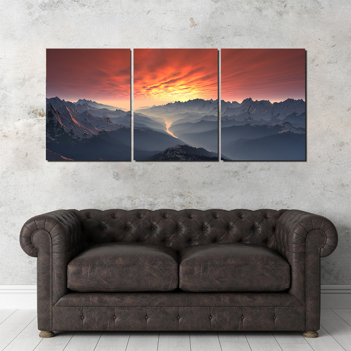 Breathtaking Snow Covered Mountain Valley Sunset Wall Art for Stunning Home Decor