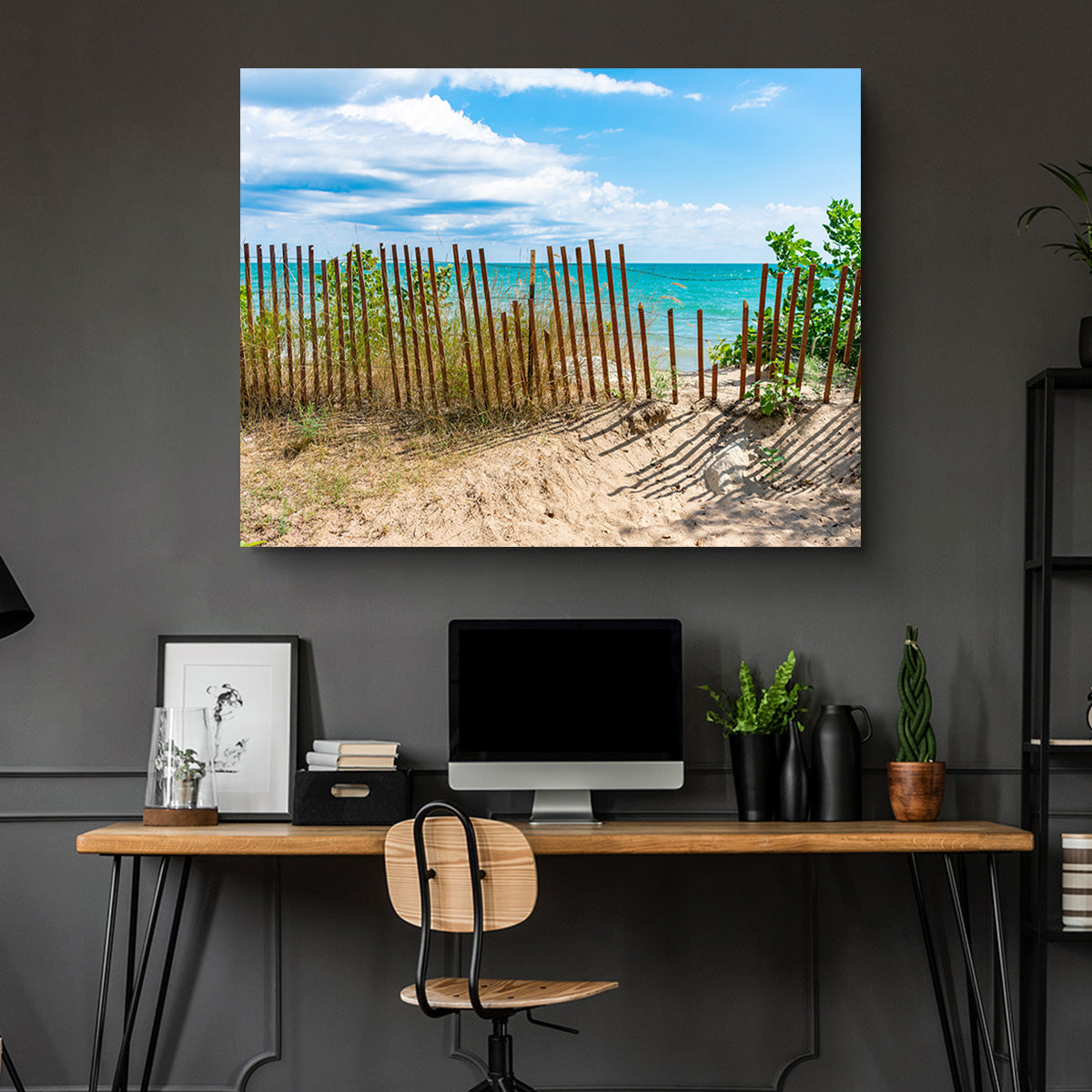 Stunning Shoreline with Fence in Evanston Wall Art for Your Home Decor