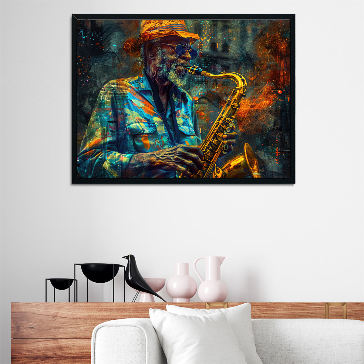 Vintage Old Saxophonist Playing Jazz Wall Art for Home Decor