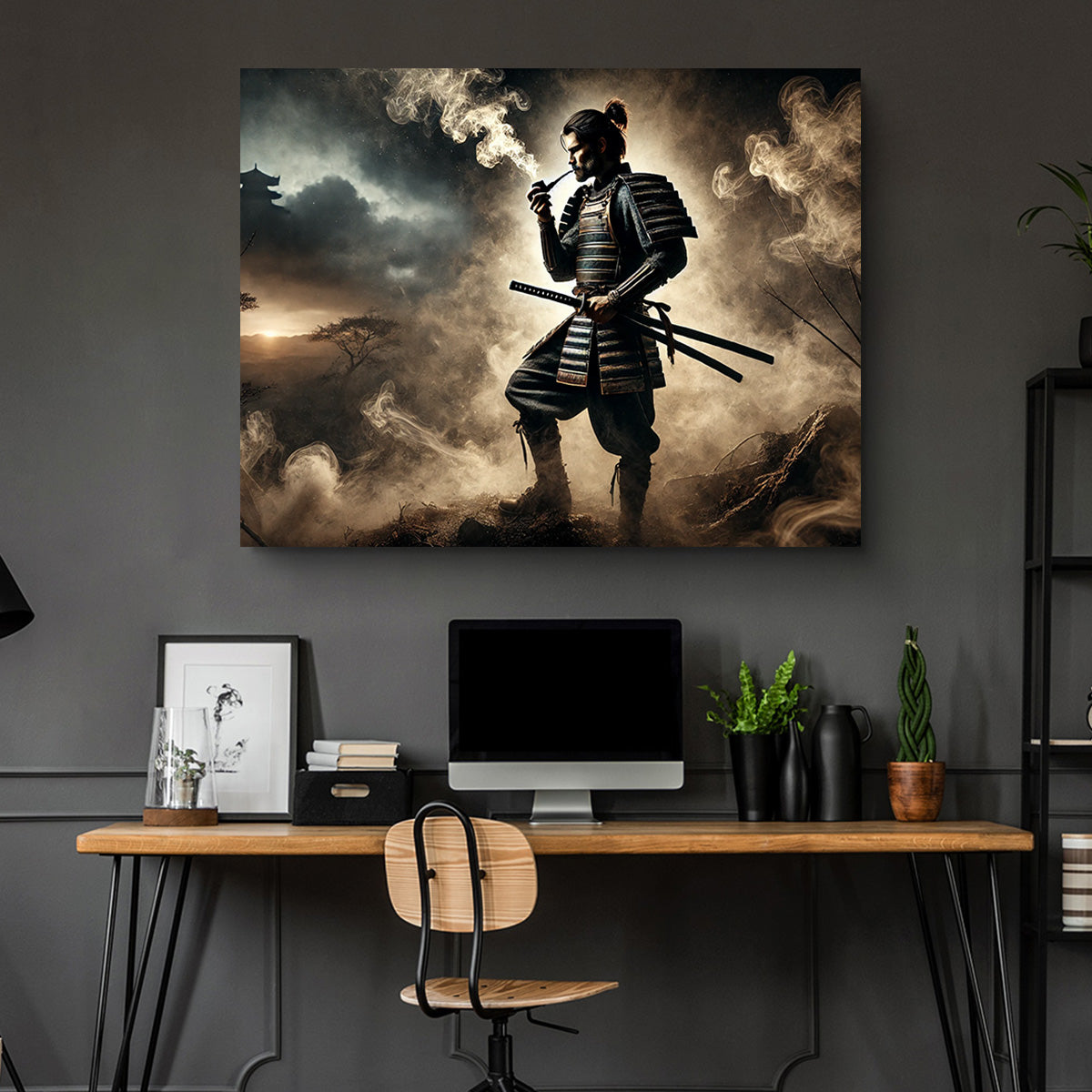 Authentic Smoking Samurai Wall Art - Museum-Quality Decor