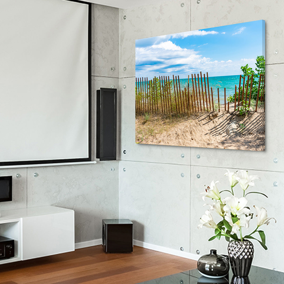 Stunning Shoreline with Fence in Evanston Wall Art for Your Home Decor