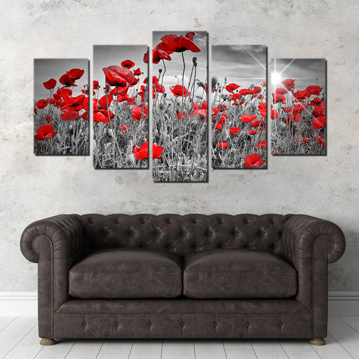 Stunning Idyllic Field of Poppies with Sun Wall Art for Home Decor