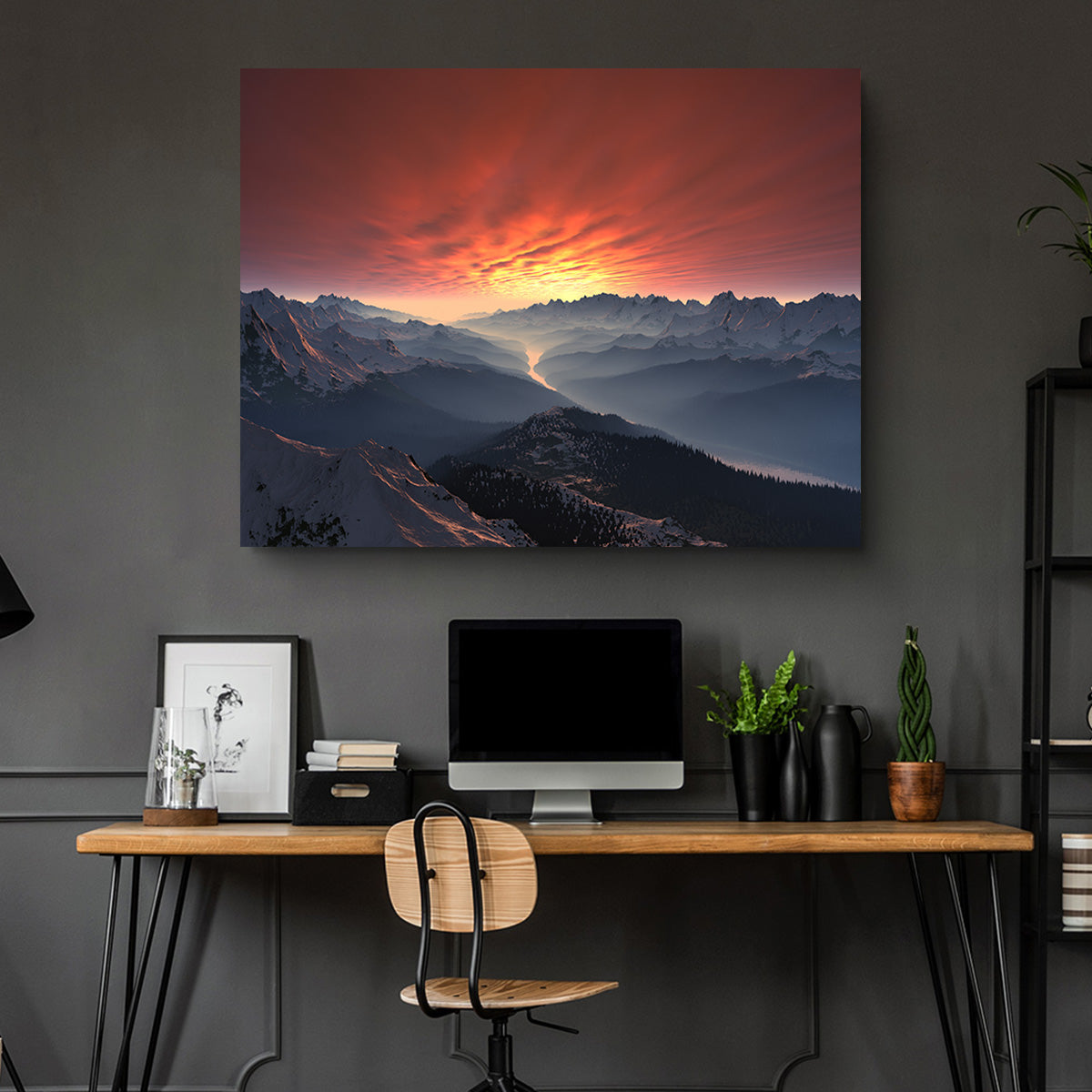 Breathtaking Snow Covered Mountain Valley Sunset Wall Art for Stunning Home Decor