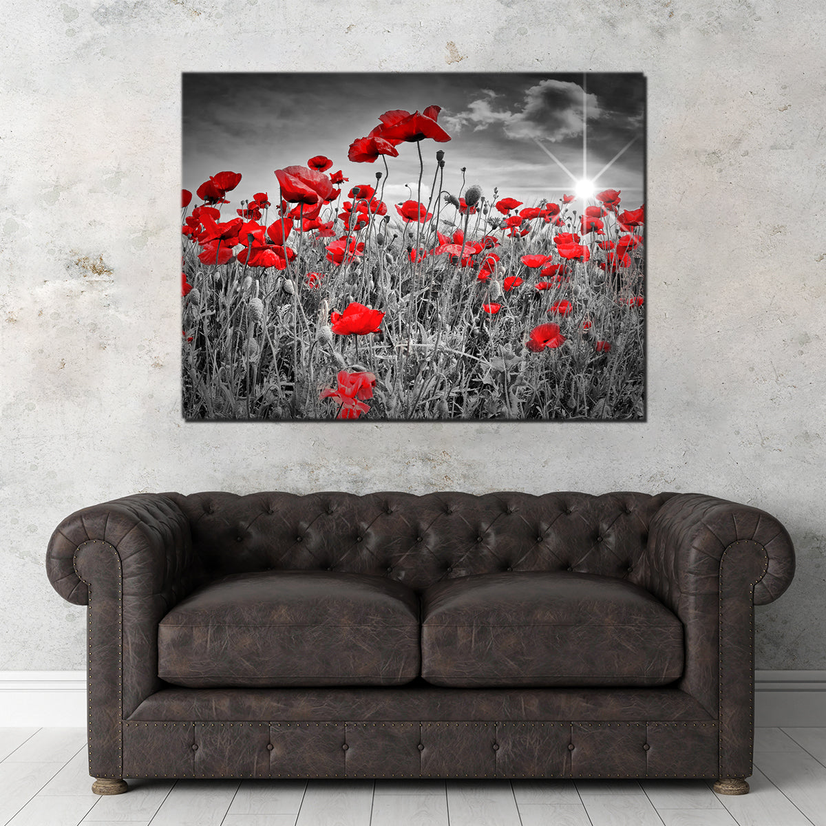 Stunning Idyllic Field of Poppies with Sun Wall Art for Home Decor