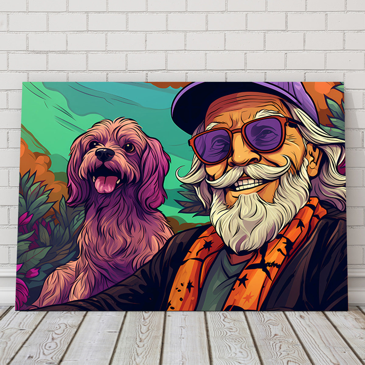 Trendy Hipster Grandpa and Dog Wall Art for Unique Home Decor