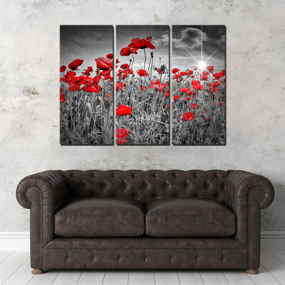Stunning Idyllic Field of Poppies with Sun Wall Art for Home Decor