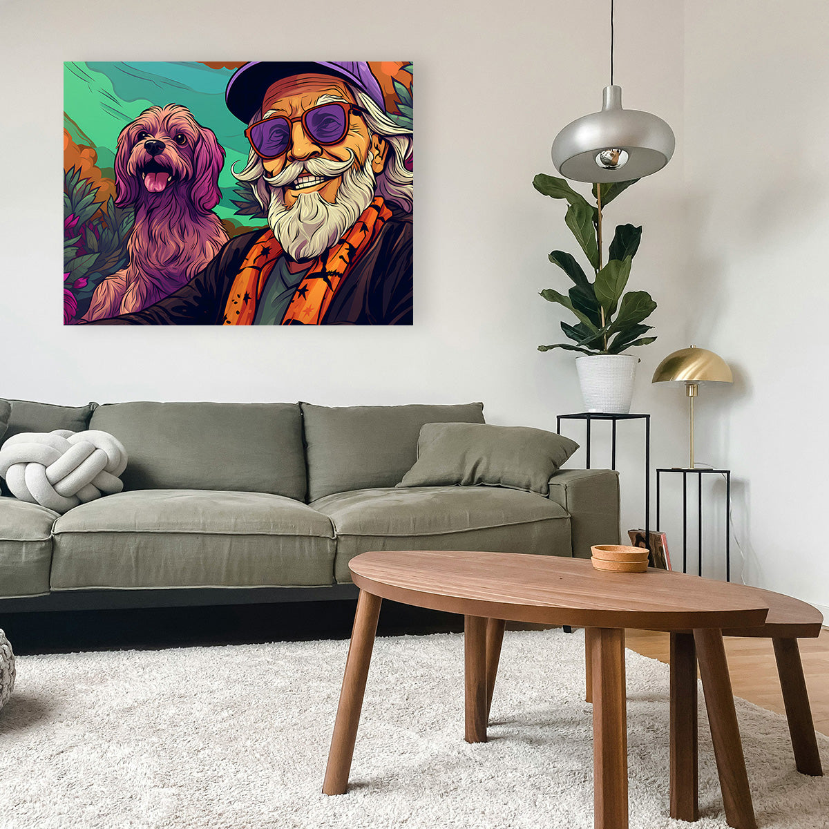Trendy Hipster Grandpa and Dog Wall Art for Unique Home Decor
