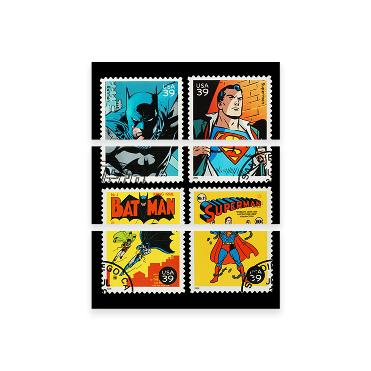 Exclusive Batman and Superman Postage Stamps Wall Art for Comic Lovers