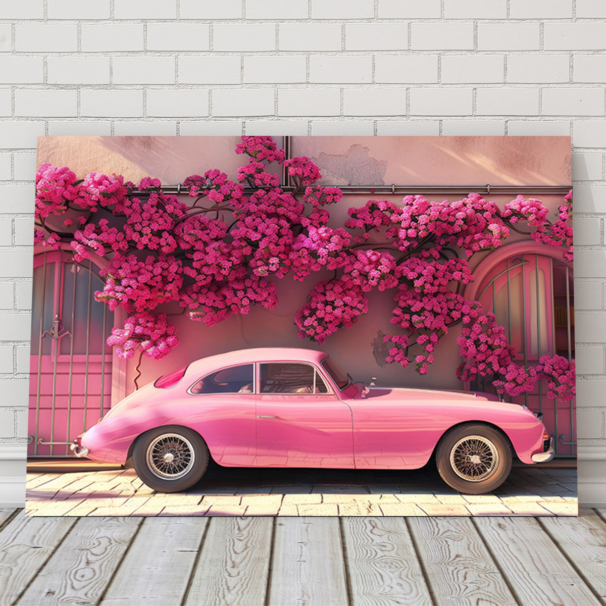 Stunning Pink Car and Flowers Canvas Art