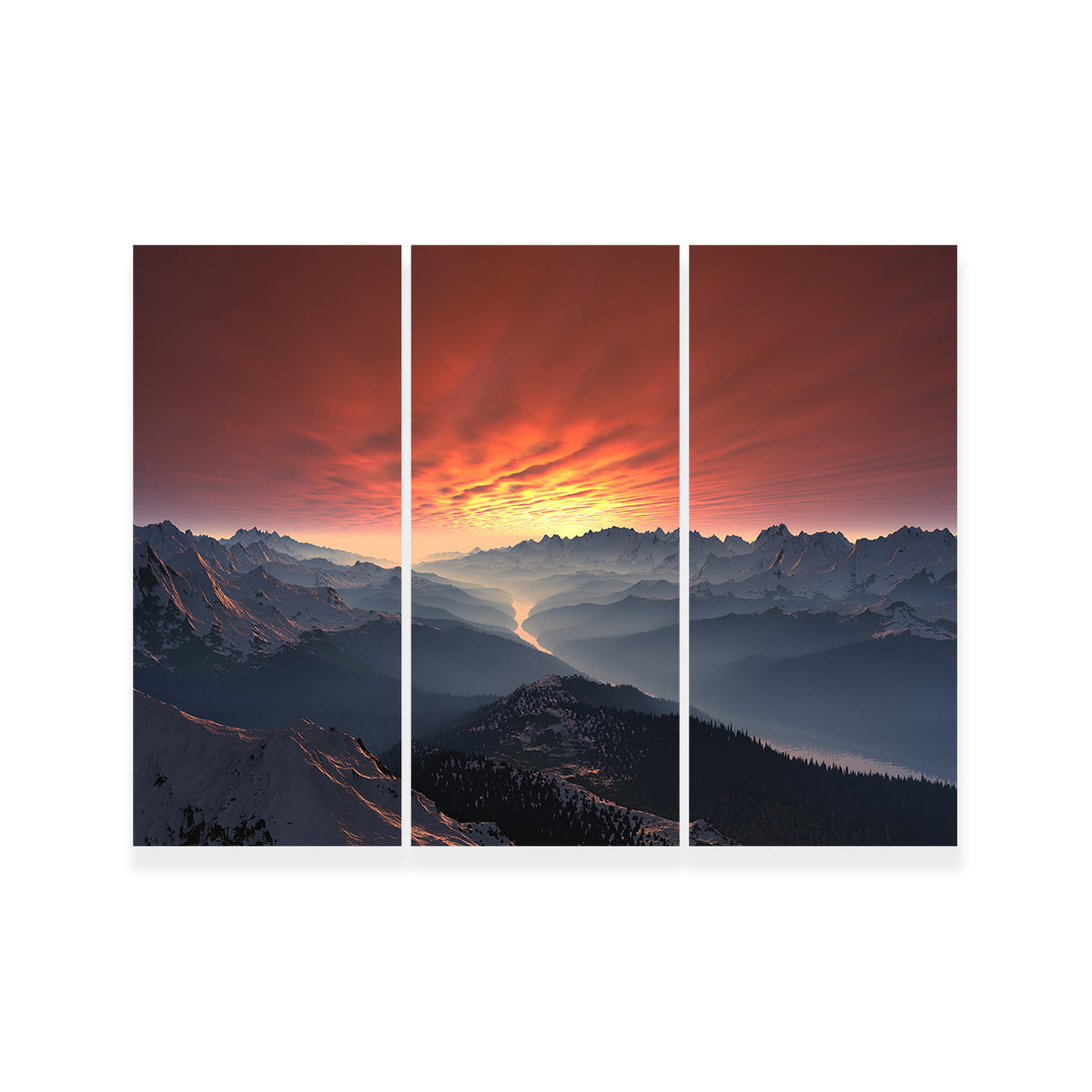 Breathtaking Snow Covered Mountain Valley Sunset Wall Art for Stunning Home Decor