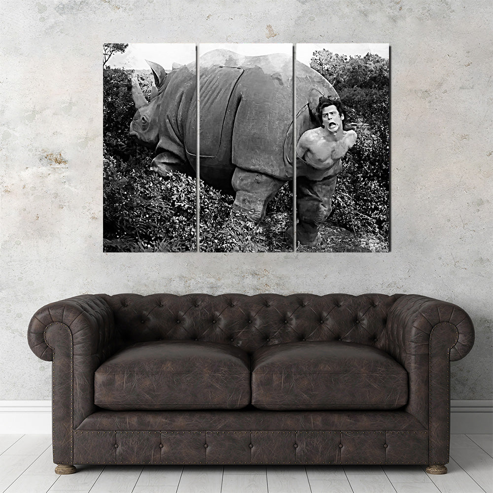 Ace Ventura Rhino Birth Grayscale Wall Art - Museum-Quality Canvas Print