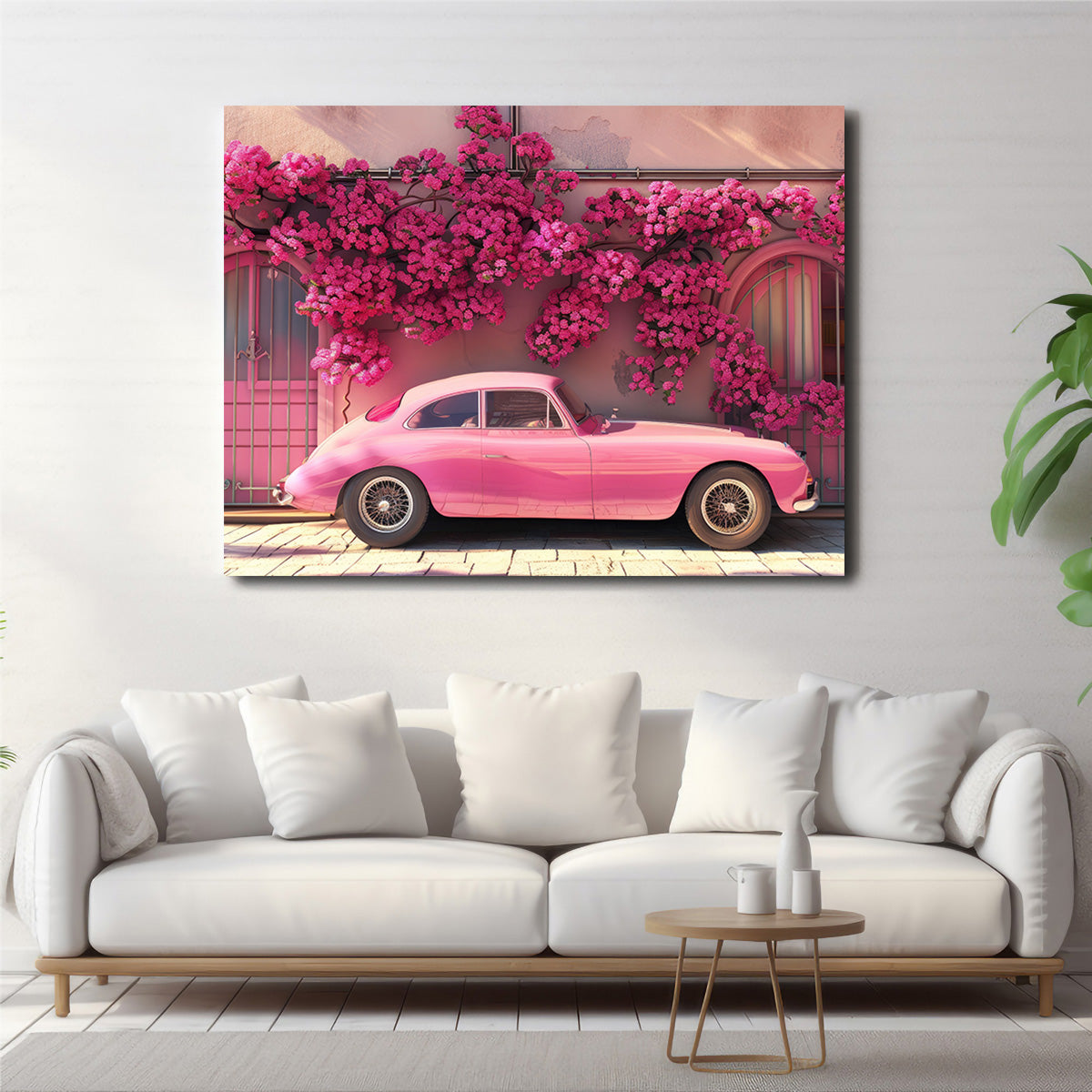 Stunning Pink Car and Flowers Canvas Art