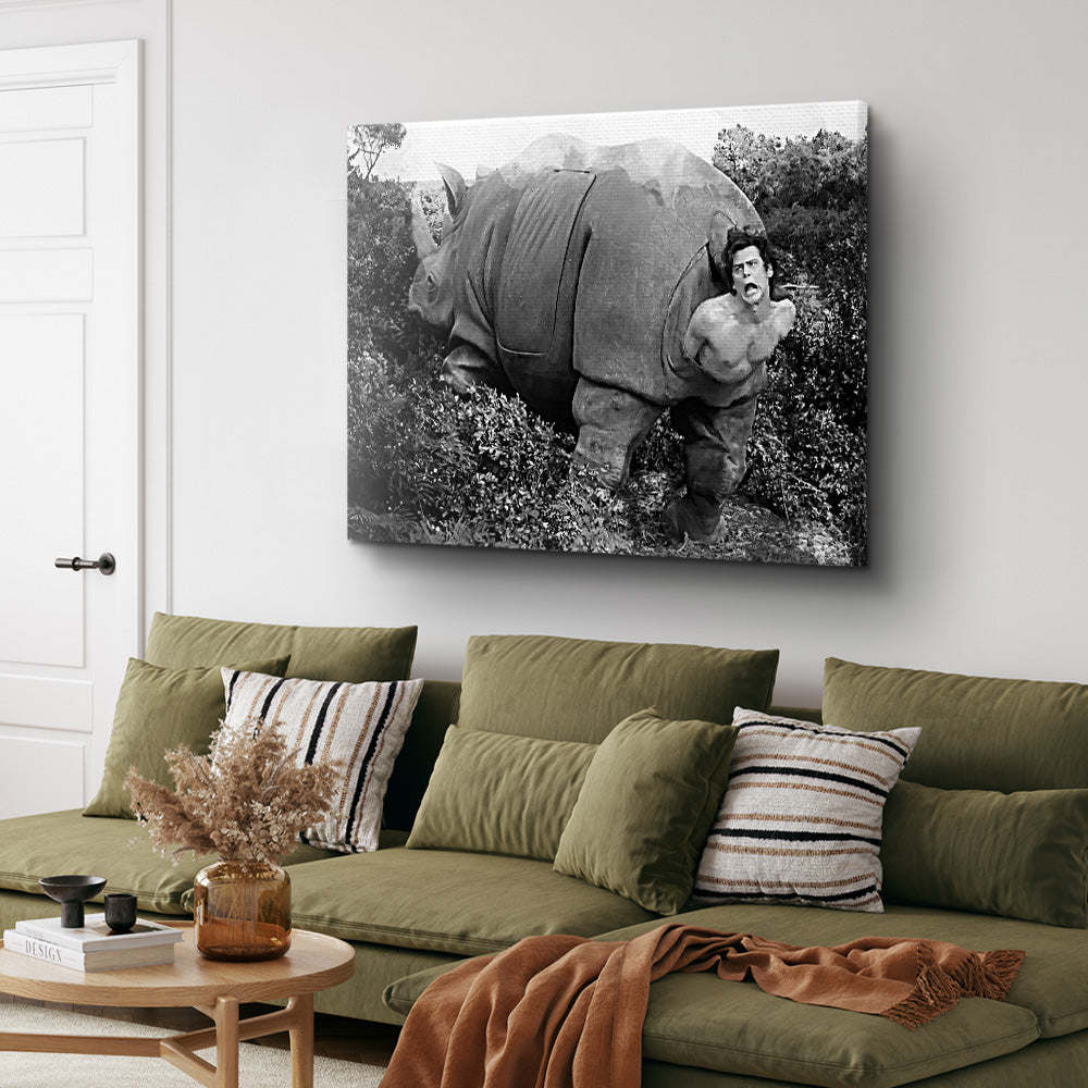 Ace Ventura Rhino Birth Grayscale Wall Art - Museum-Quality Canvas Print
