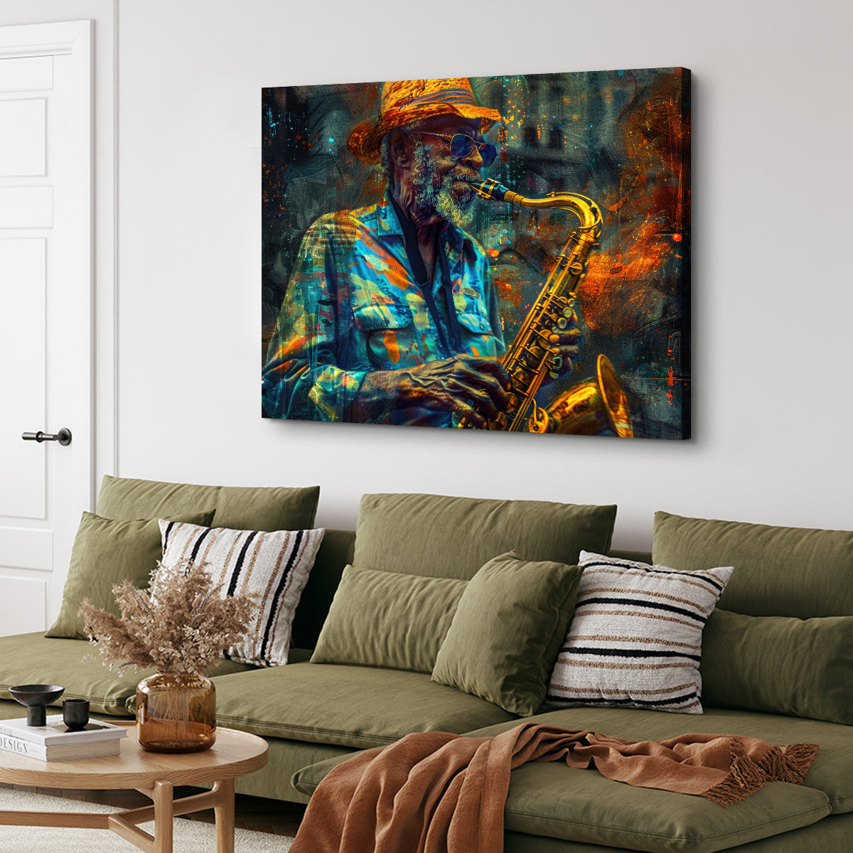 Vintage Old Saxophonist Playing Jazz Wall Art for Home Decor