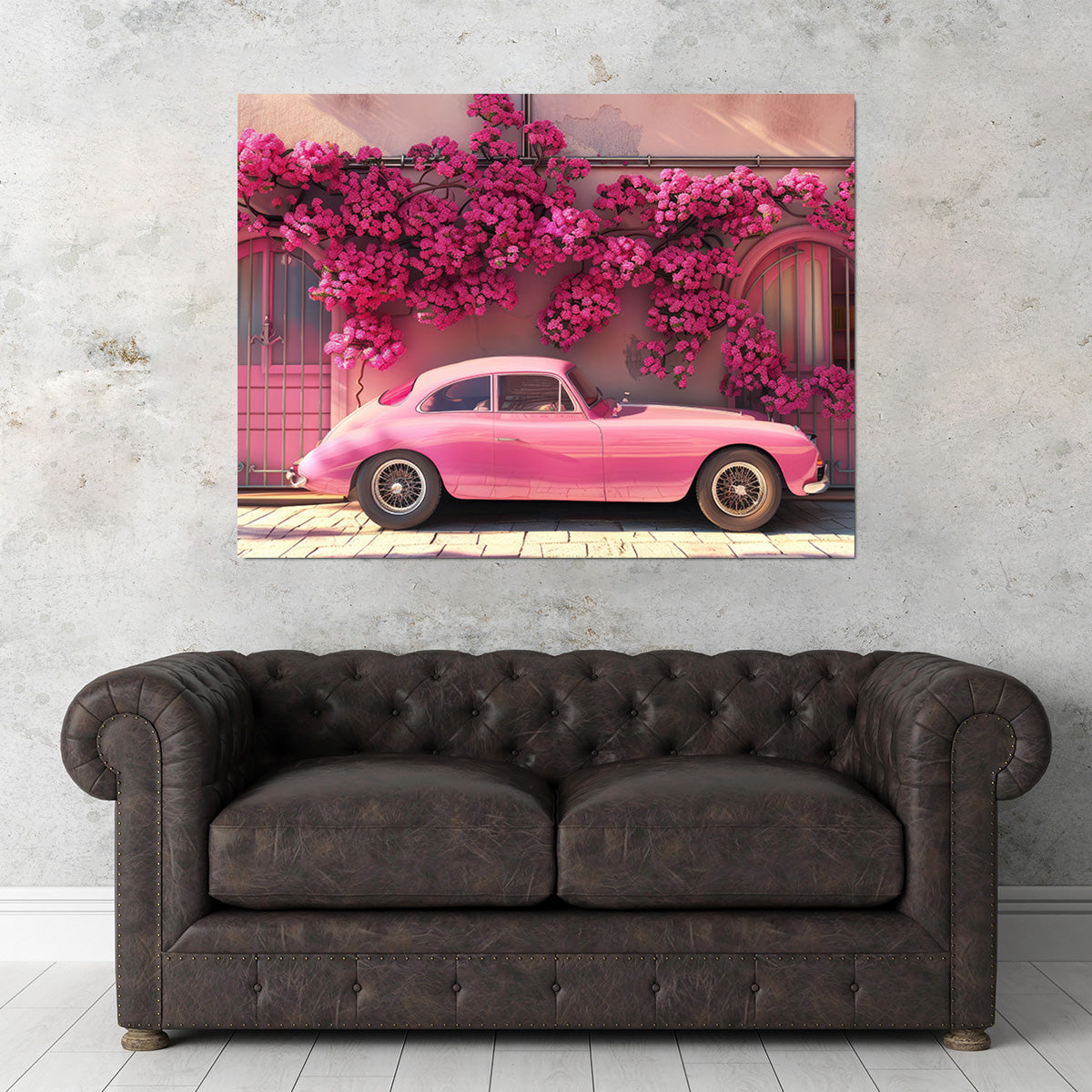 Stunning Pink Car and Flowers Canvas Art
