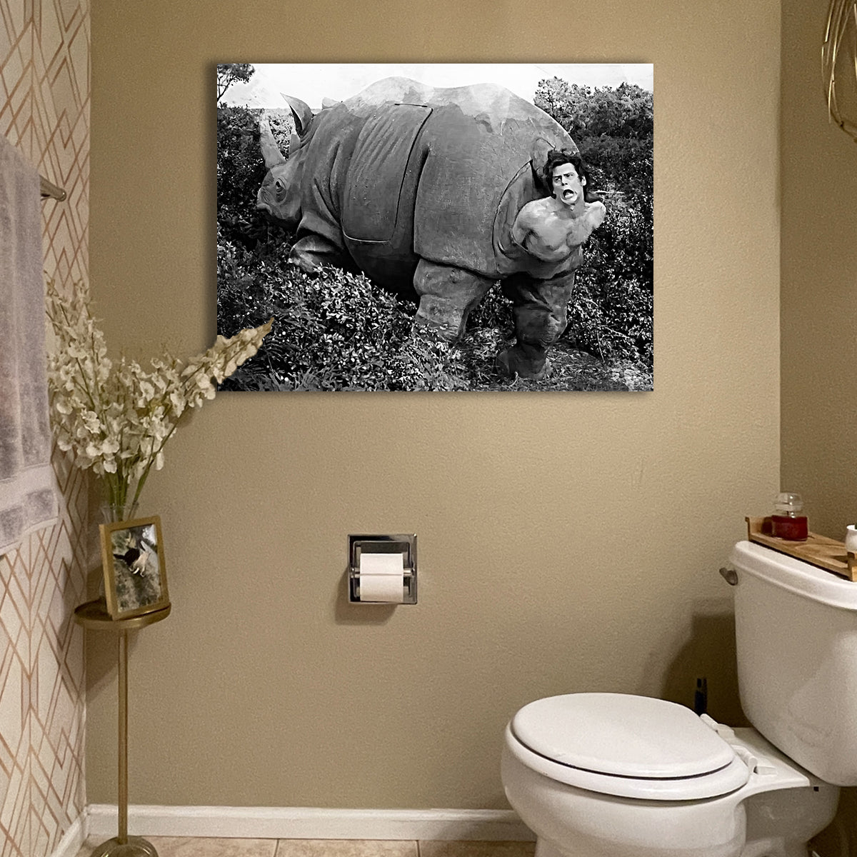 Ace Ventura Rhino Birth Grayscale Wall Art - Museum-Quality Canvas Print