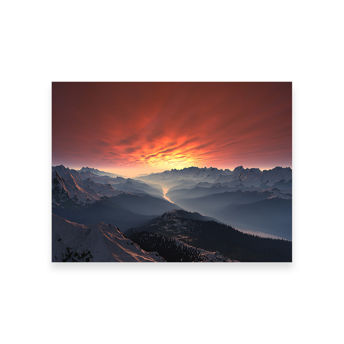 Breathtaking Snow Covered Mountain Valley Sunset Wall Art for Stunning Home Decor
