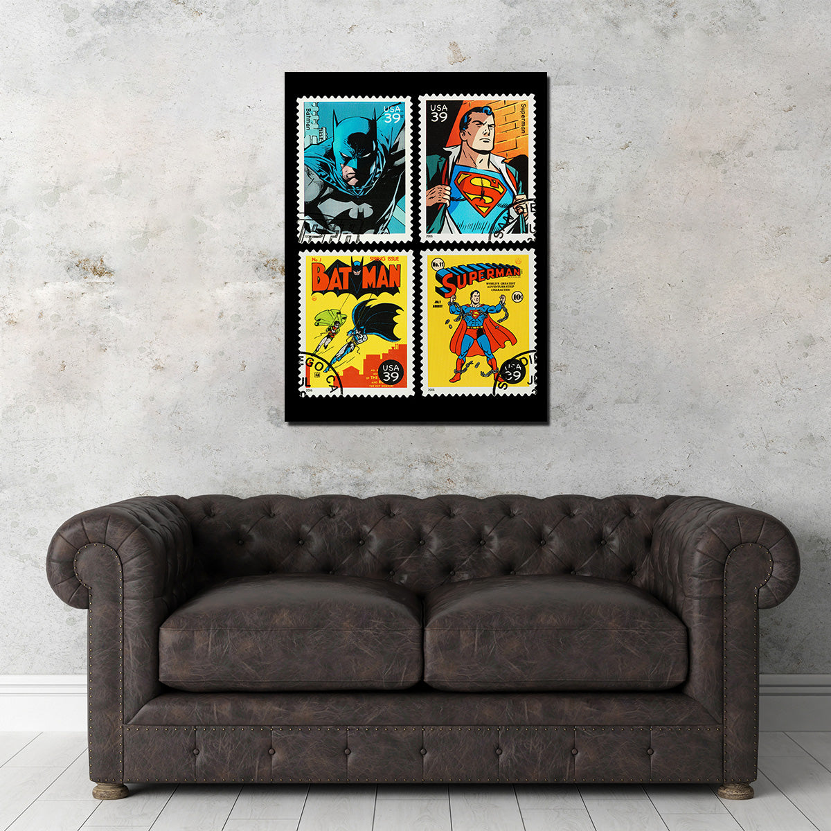 Exclusive Batman and Superman Postage Stamps Wall Art for Comic Lovers