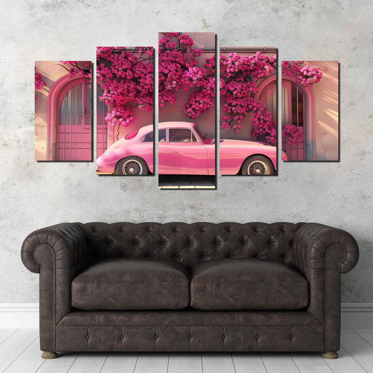 Stunning Pink Car and Flowers Canvas Art