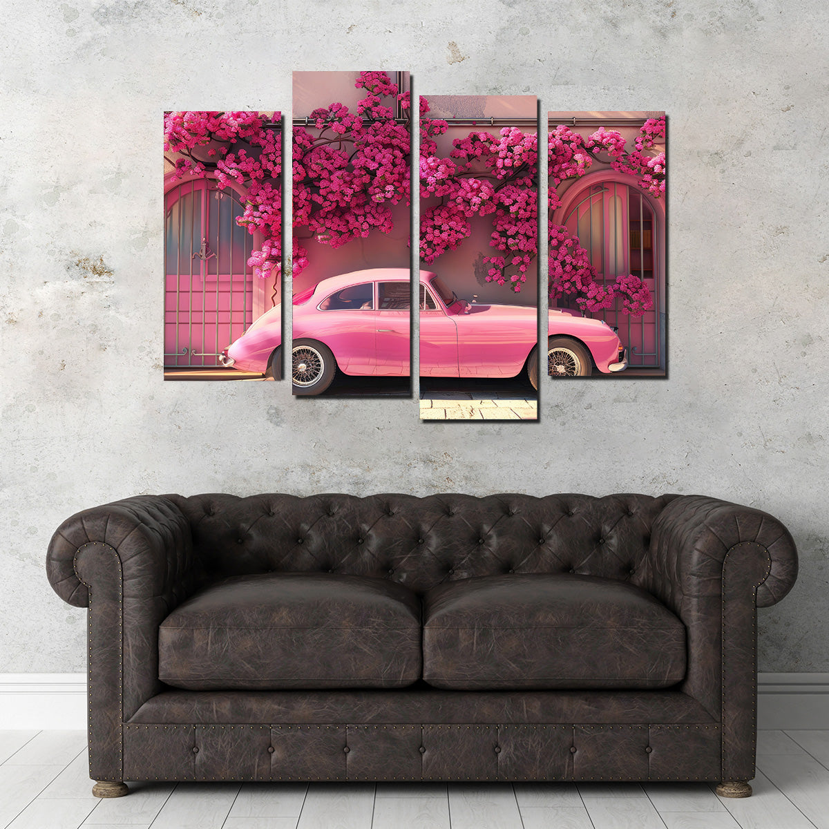 Stunning Pink Car and Flowers Canvas Art