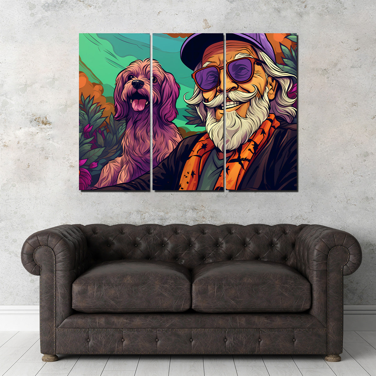 Trendy Hipster Grandpa and Dog Wall Art for Unique Home Decor