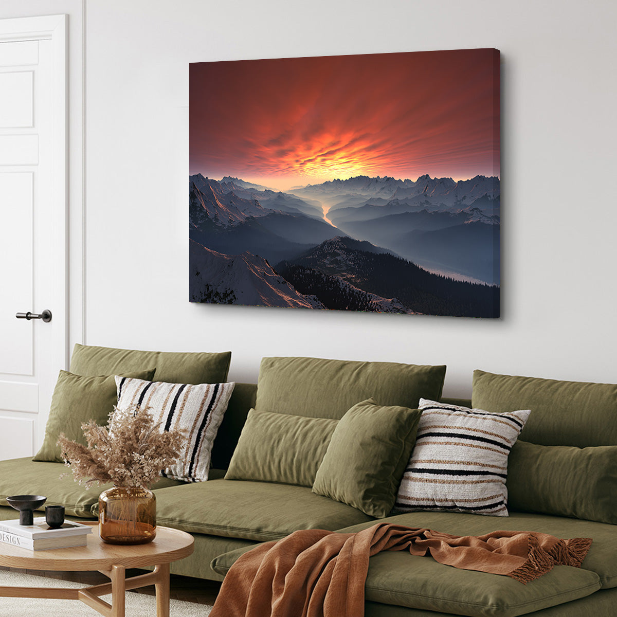 Breathtaking Snow Covered Mountain Valley Sunset Wall Art for Stunning Home Decor
