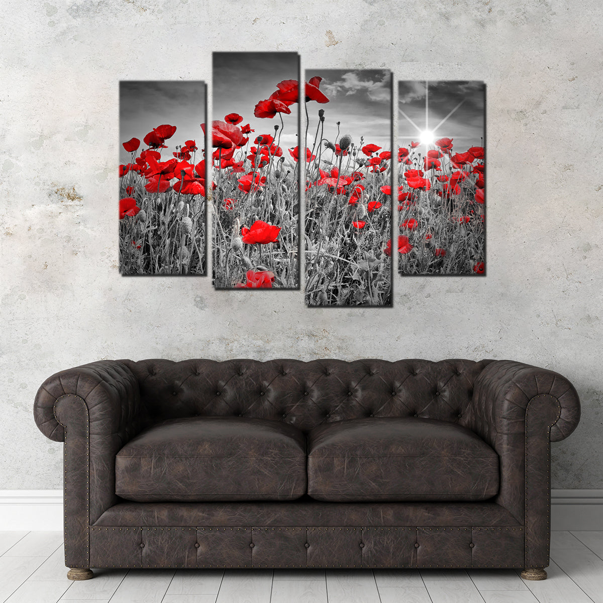 Stunning Idyllic Field of Poppies with Sun Wall Art for Home Decor