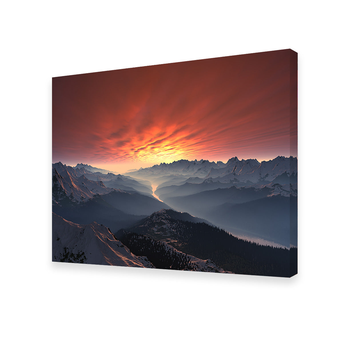 Breathtaking Snow Covered Mountain Valley Sunset Wall Art for Stunning Home Decor