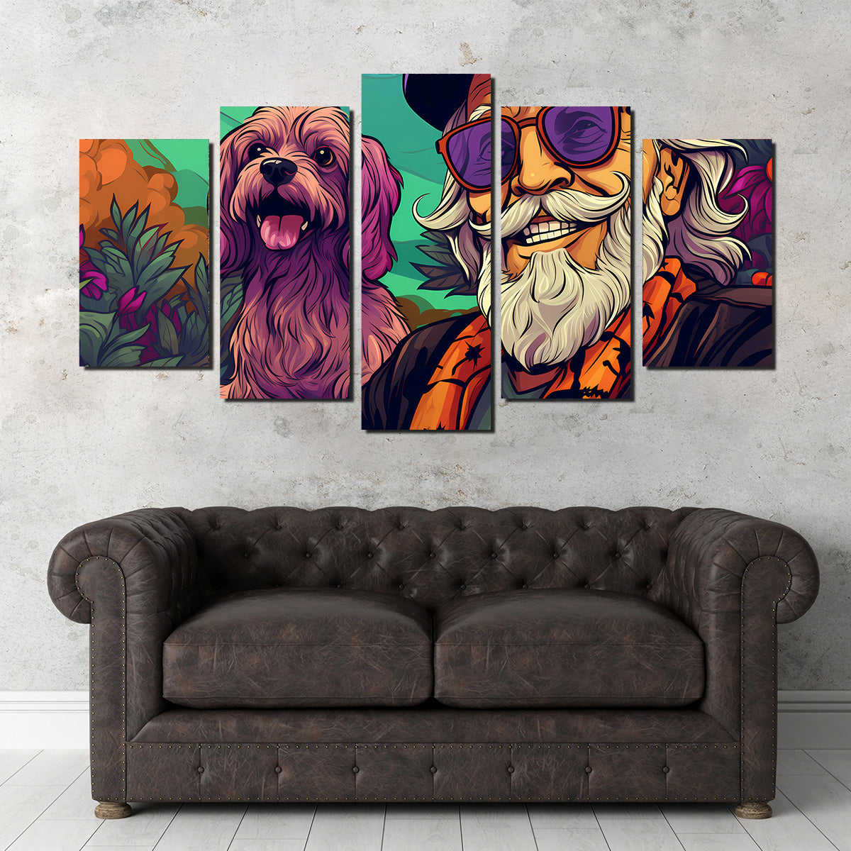 Trendy Hipster Grandpa and Dog Wall Art for Unique Home Decor