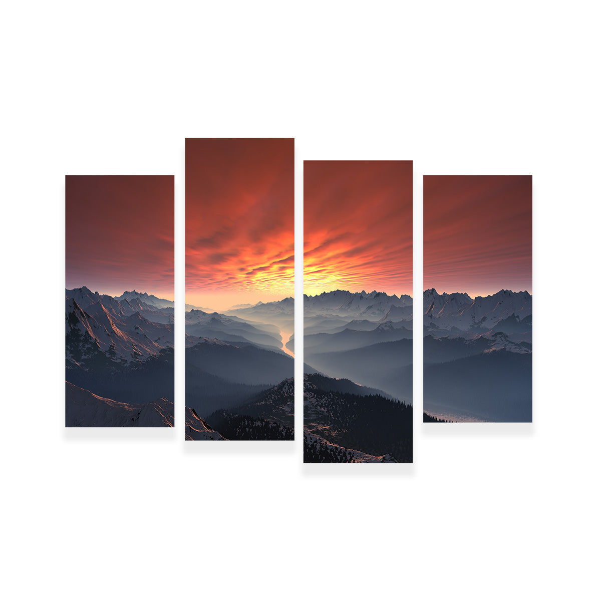 Breathtaking Snow Covered Mountain Valley Sunset Wall Art for Stunning Home Decor