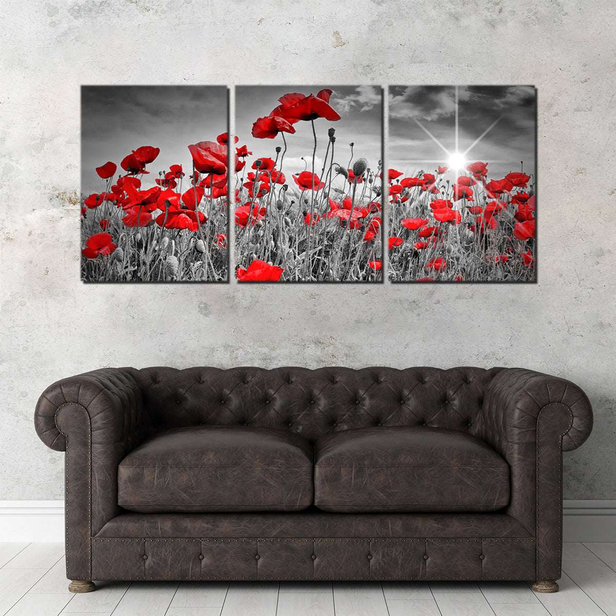 Stunning Idyllic Field of Poppies with Sun Wall Art for Home Decor
