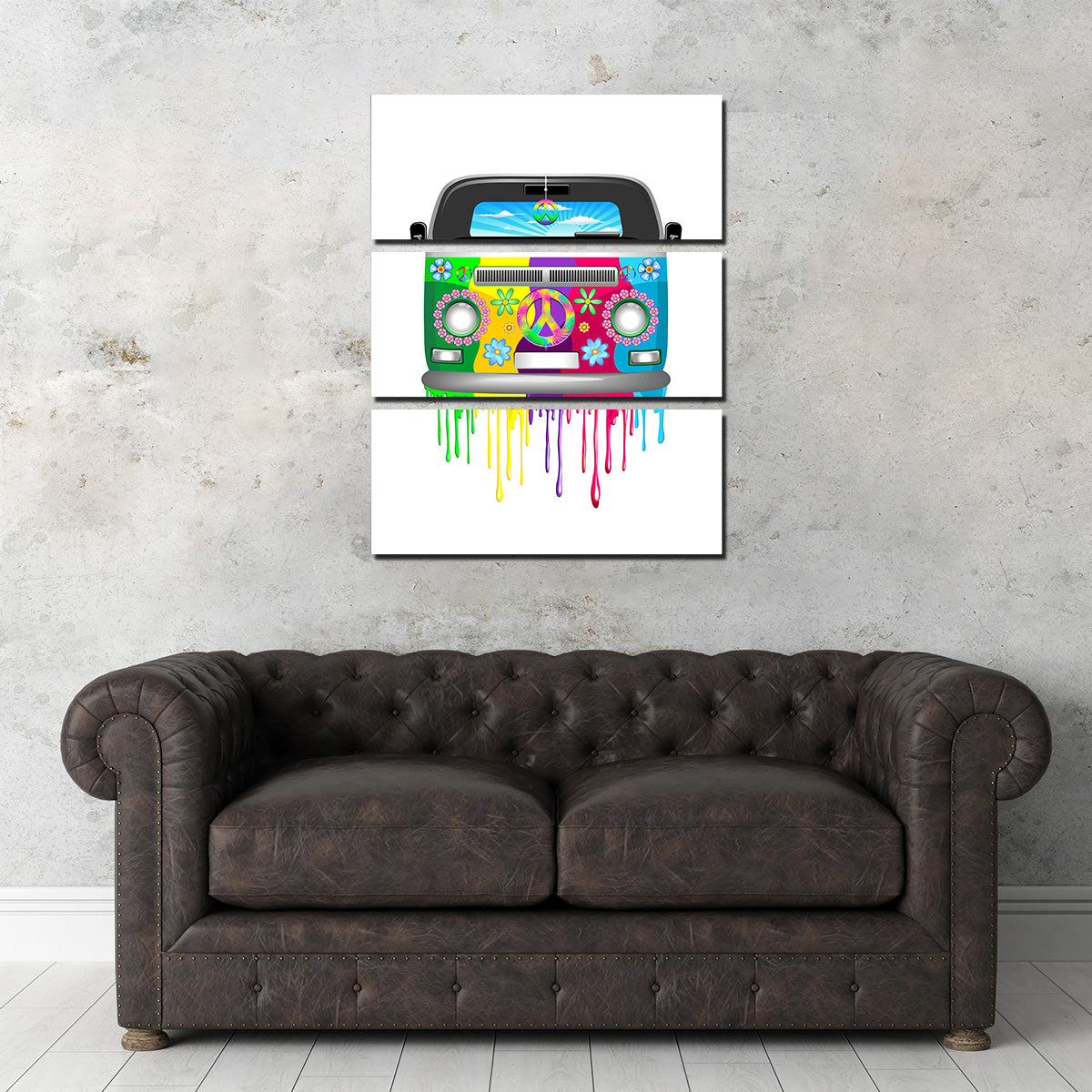 Unique Hippie Bus Wall Art with Dripping Rainbow Paint