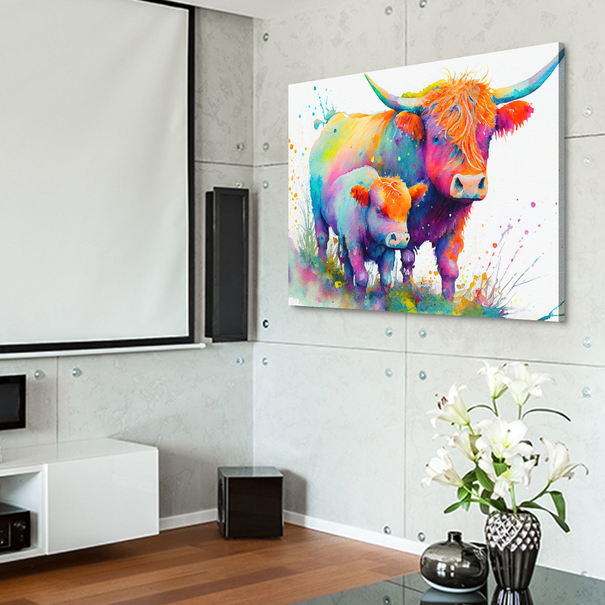 Stunning Highland Cow and Calf Watercolor Wall Art for Home Decor