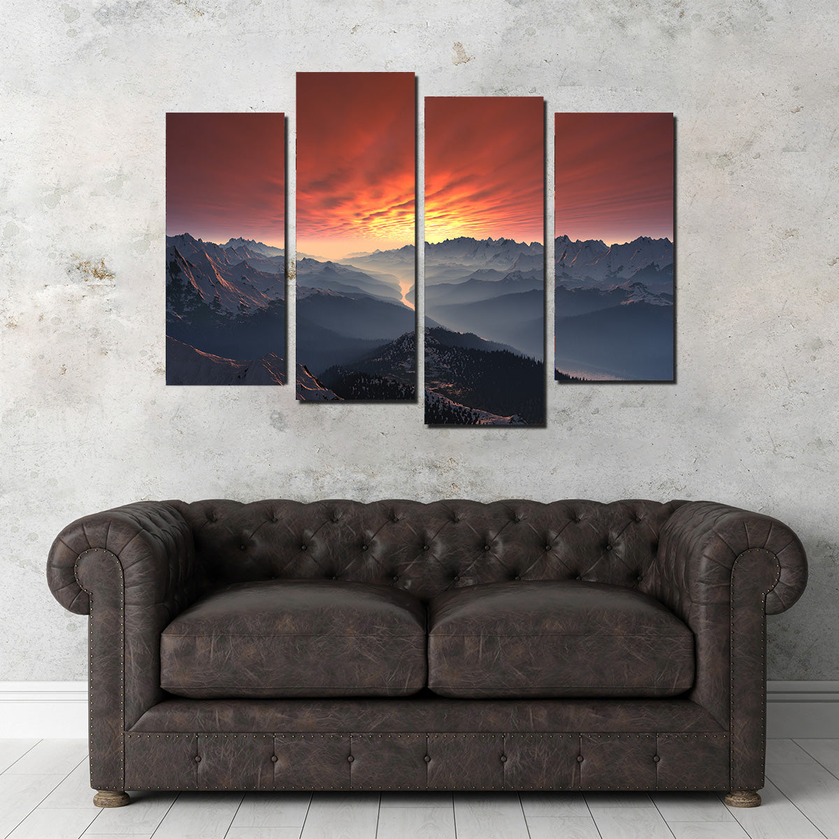 Breathtaking Snow Covered Mountain Valley Sunset Wall Art for Stunning Home Decor
