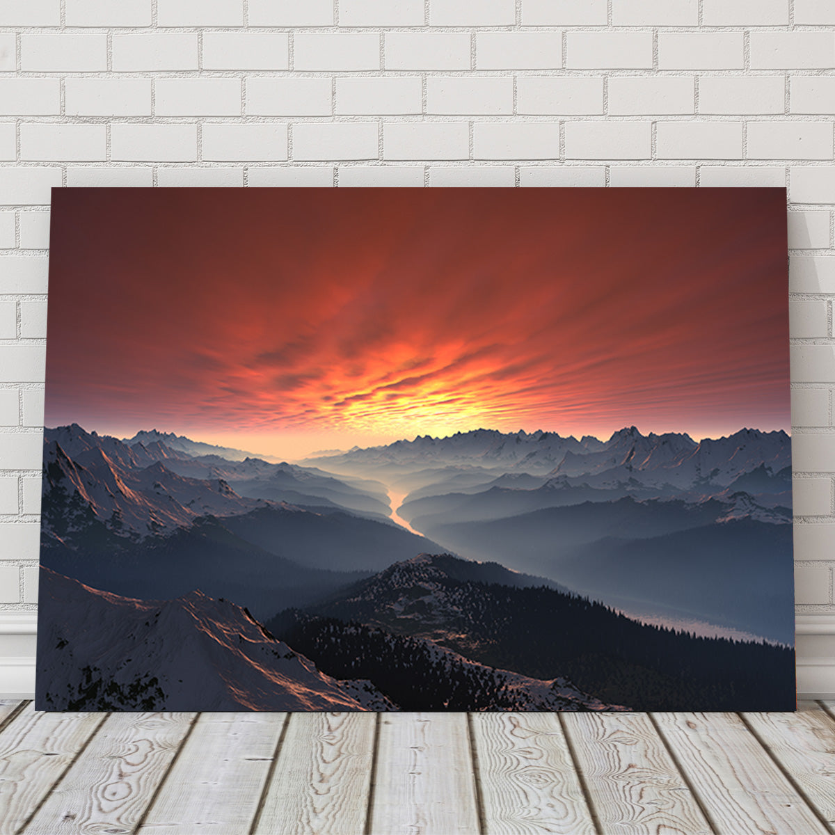 Breathtaking Snow Covered Mountain Valley Sunset Wall Art for Stunning Home Decor