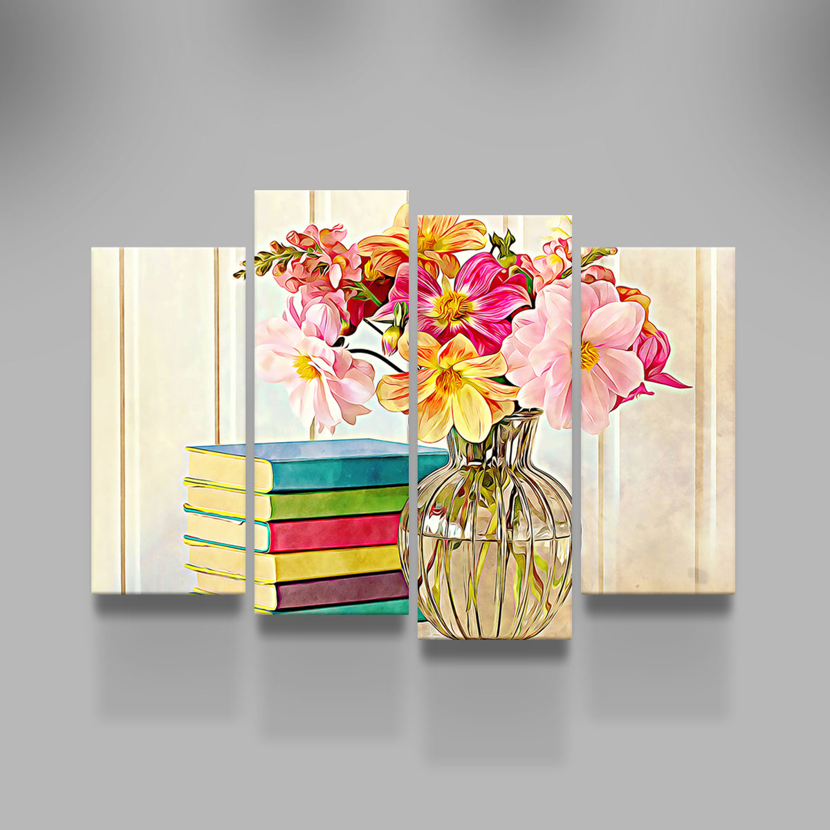 Vibrant Dahlias and Colorful Books Wall Art by Denise Dundon