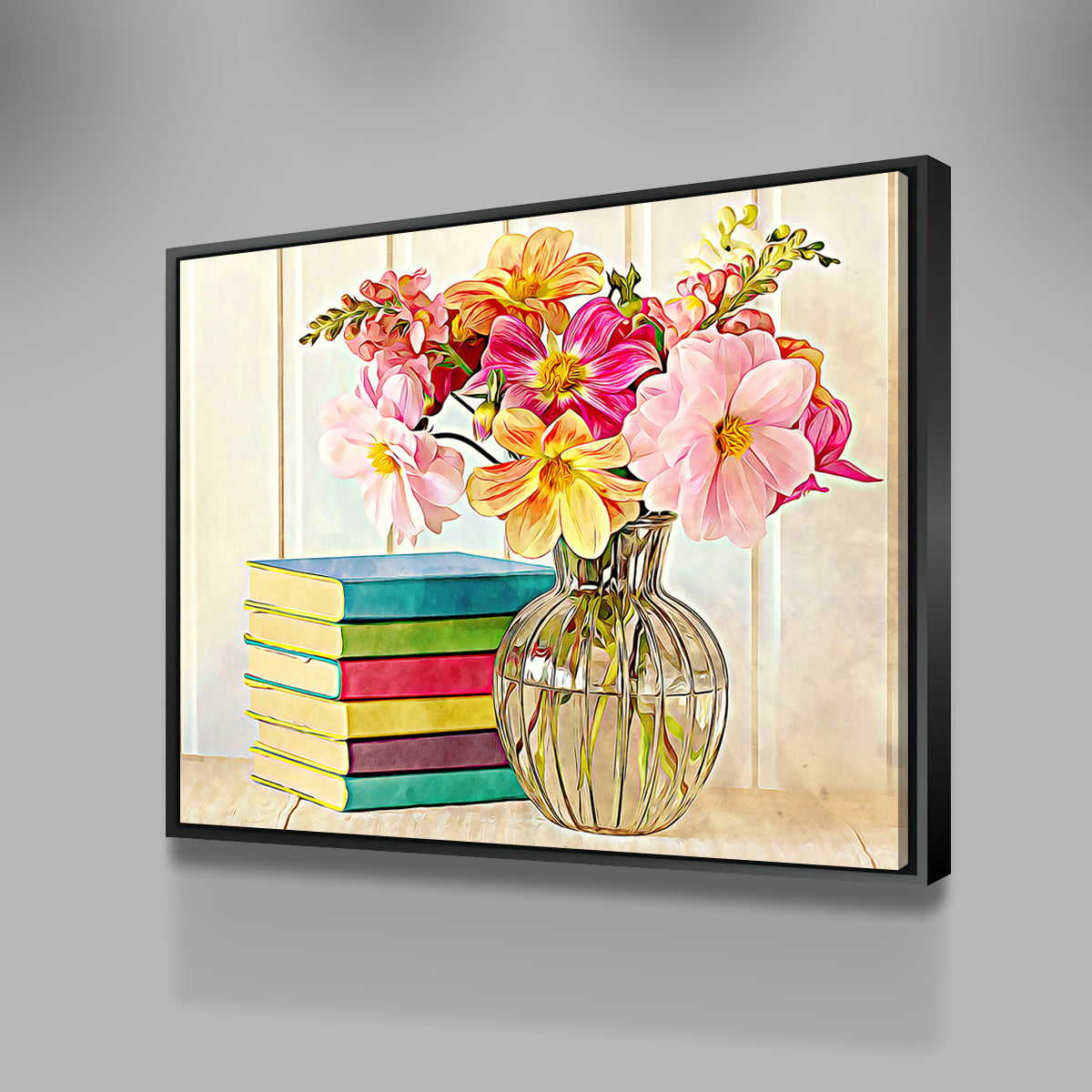 Vibrant Dahlias and Colorful Books Wall Art by Denise Dundon