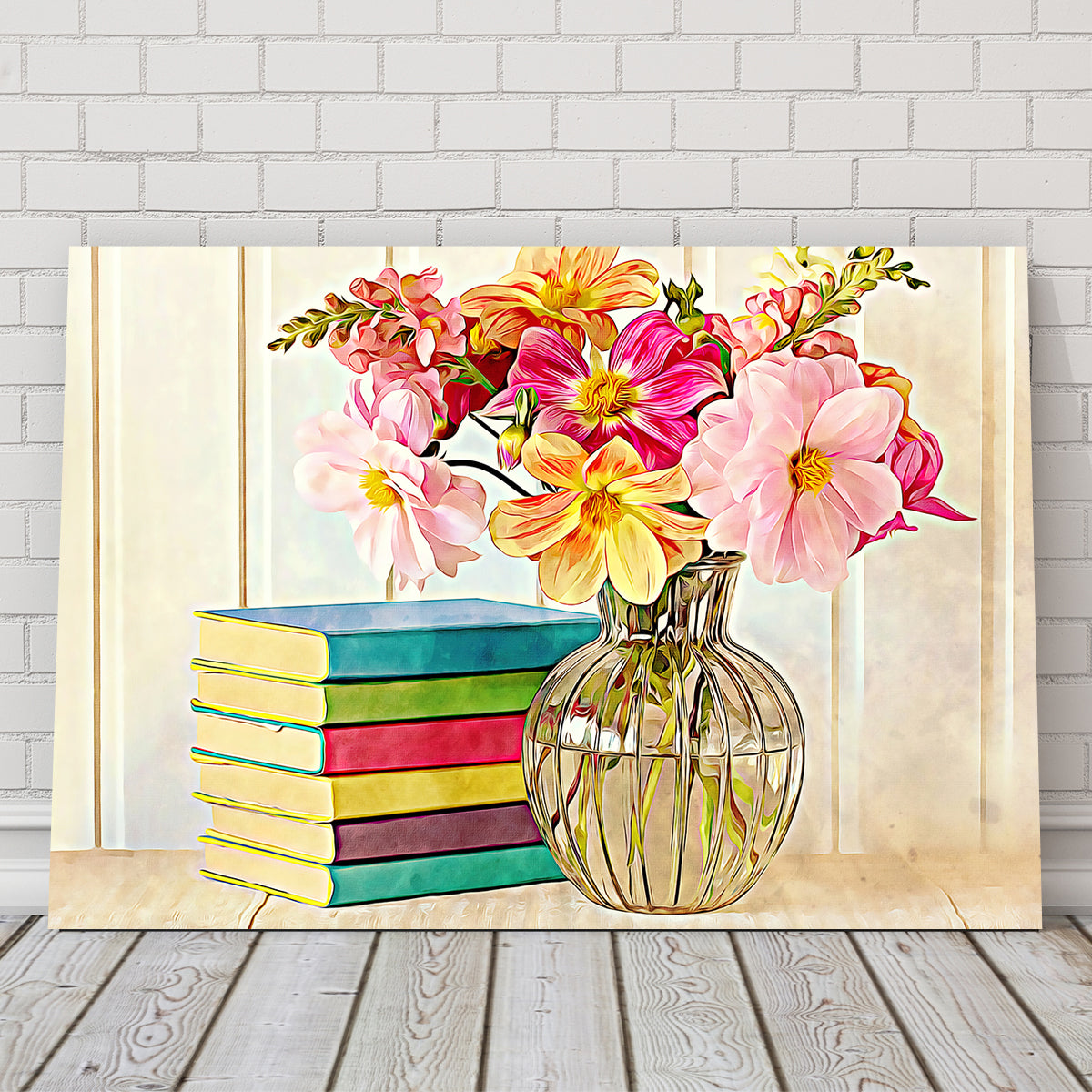 Vibrant Dahlias and Colorful Books Wall Art by Denise Dundon