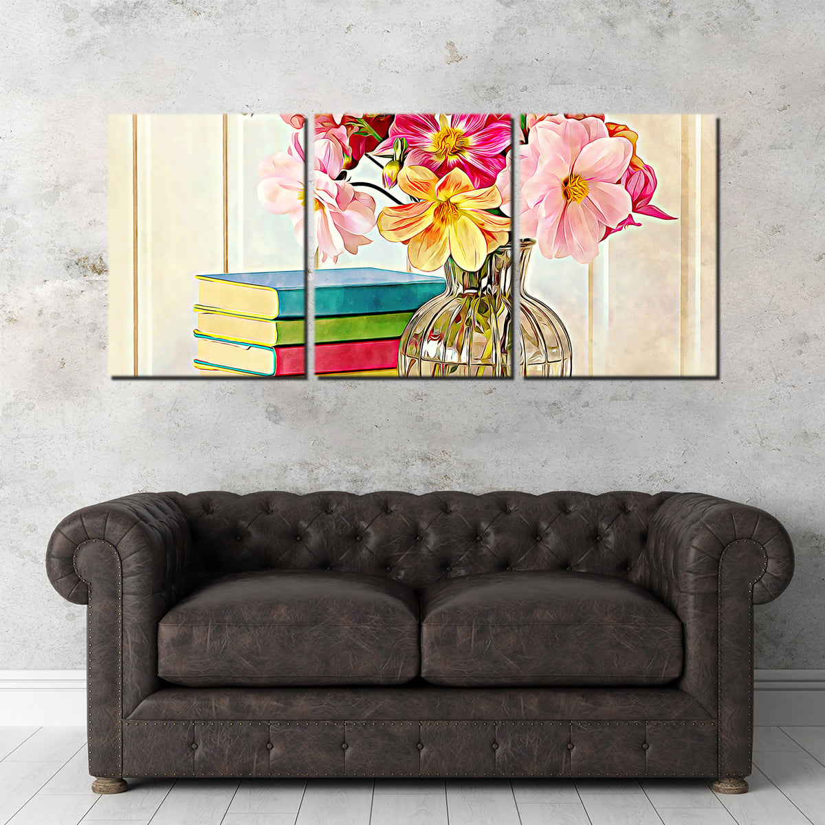 Vibrant Dahlias and Colorful Books Wall Art by Denise Dundon