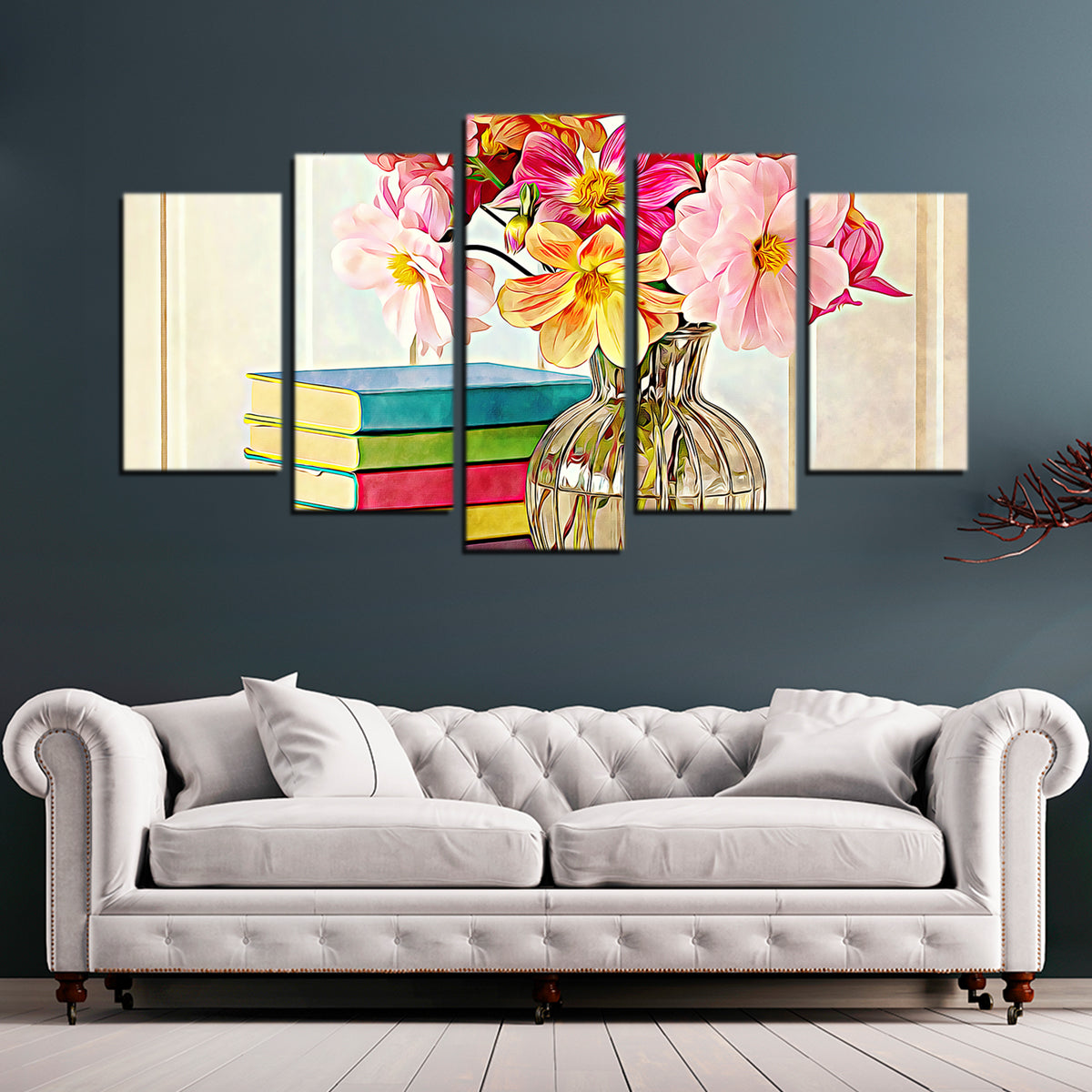Vibrant Dahlias and Colorful Books Wall Art by Denise Dundon
