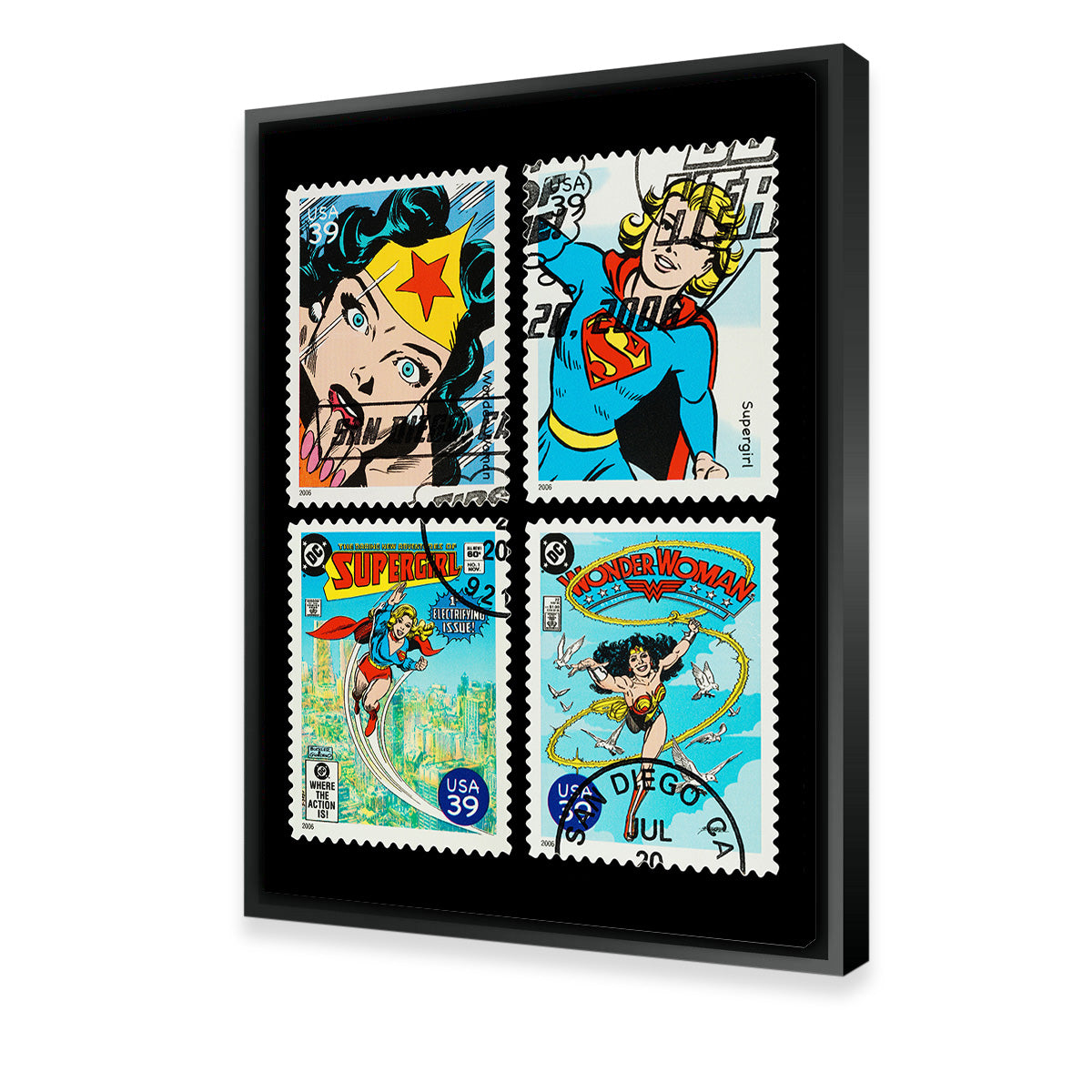 Stunning Wonder Woman and Supergirl Postage Stamps Wall Art for Comic Fans