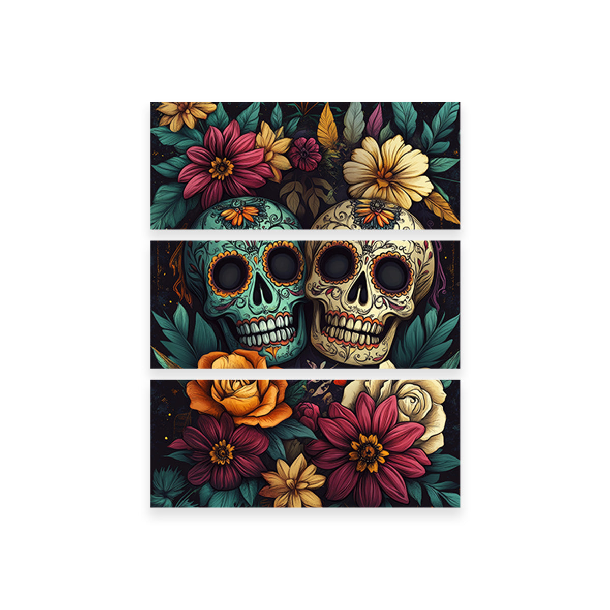 Eye - catching Sugar Skulls with Vibrant Flowers Wall Art for Home Decor