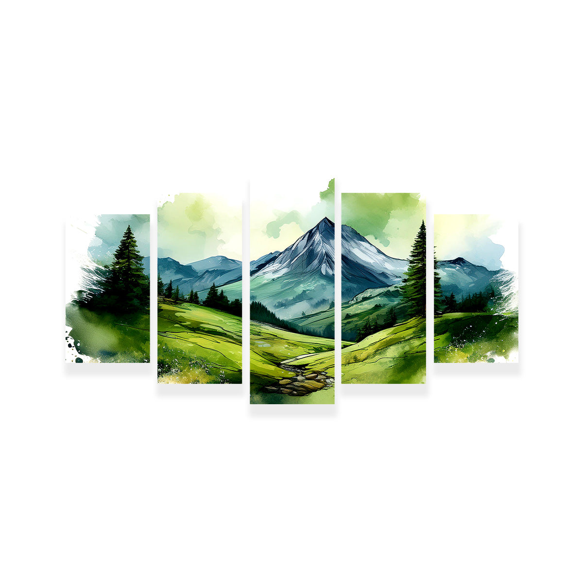 Vibrant Water Color Green Mountain Wall Art for Stunning Home Decor