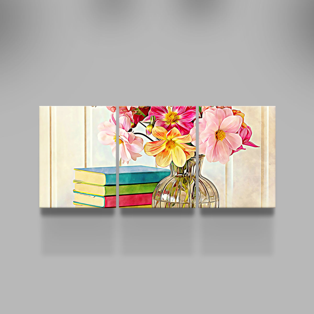 Vibrant Dahlias and Colorful Books Wall Art by Denise Dundon